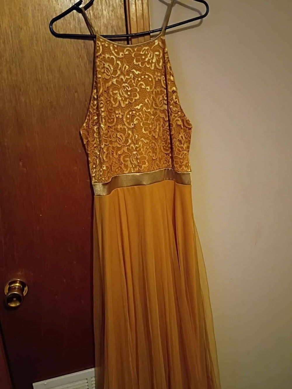 Elegant Mustard Halter Lace Bodice Evening Dress
